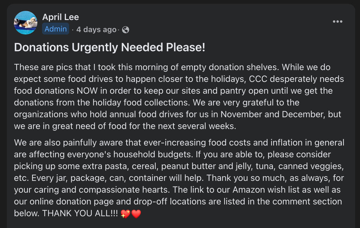 Call for help from food pantry